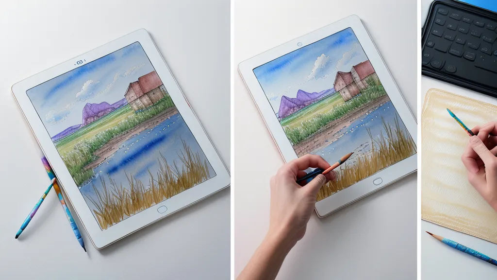Analog-Zeichnen vs. digitales Wireframe: Tablet-Layout neben handgemalter Aquarell-Landschaftsskizze