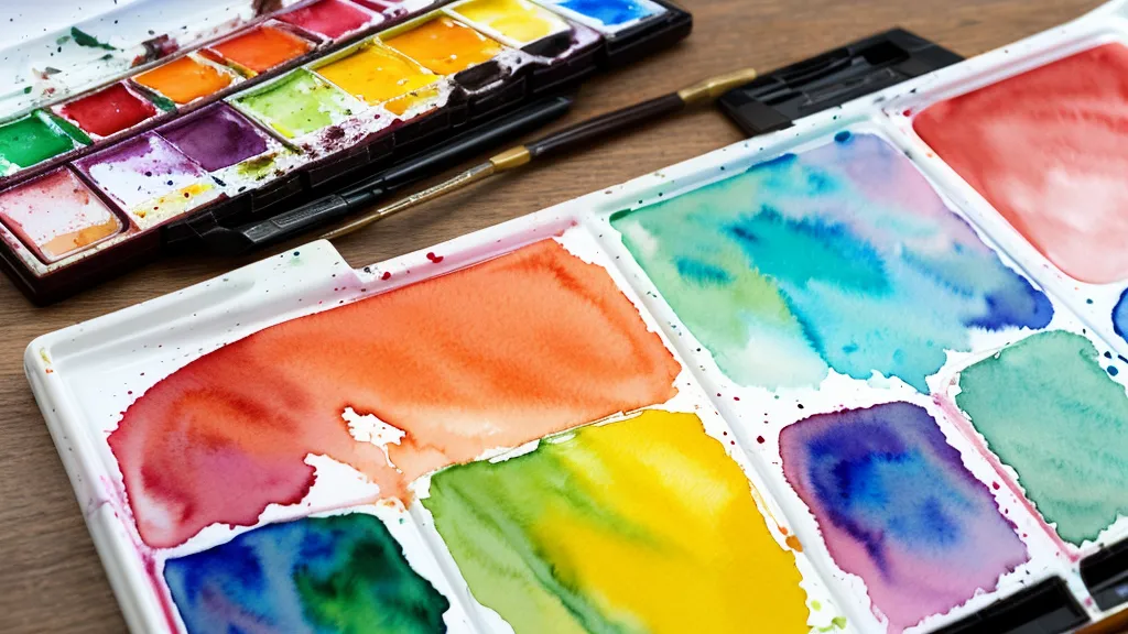 Nahaufnahme einer Aquarellpalette mit verschiedenen Farbpigmenten und einem Pinsel