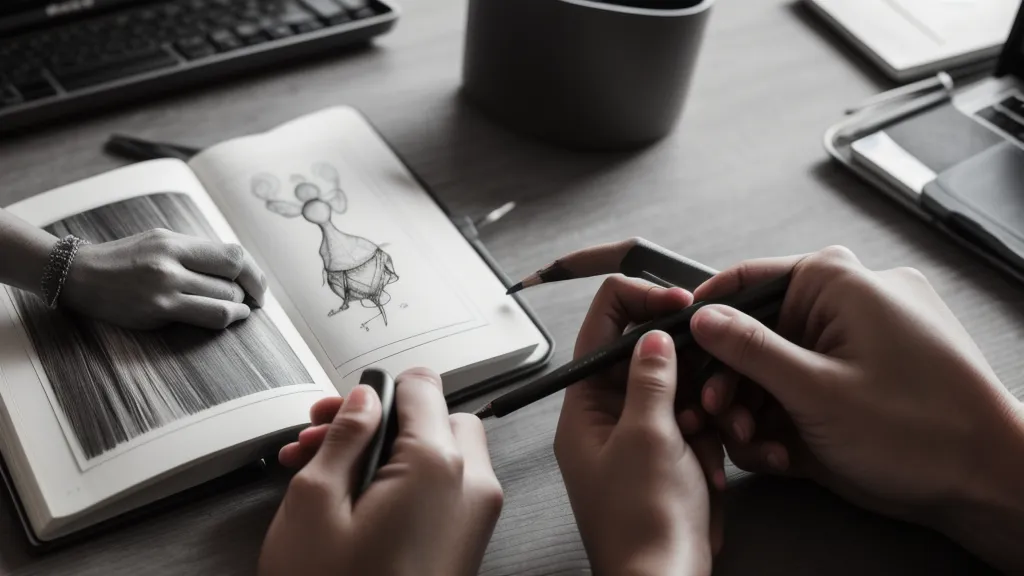 Vergleich zwischen einer analogen Skizze und einem digitalen Design auf dem Laptop
