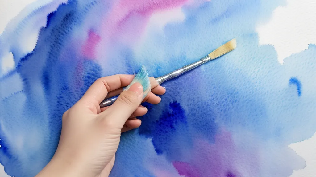 Nahaufnahme eines Pinsels, der eine blaue Lasur auf strukturiertes Aquarellpapier aufträgt.