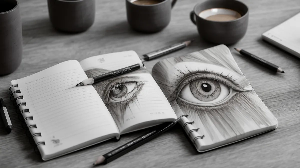 Augen zeichnen lernen im Online-Zeichenkurs: realistischer Blick in Bleistiftschraffur auf Papier