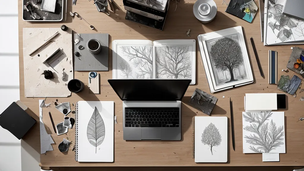 Arbeitsplatz einer UX-Designerin mit iPad und analogen Baumskizzen im Vergleich zwischen digitalem und analogem Zeichnen lernen