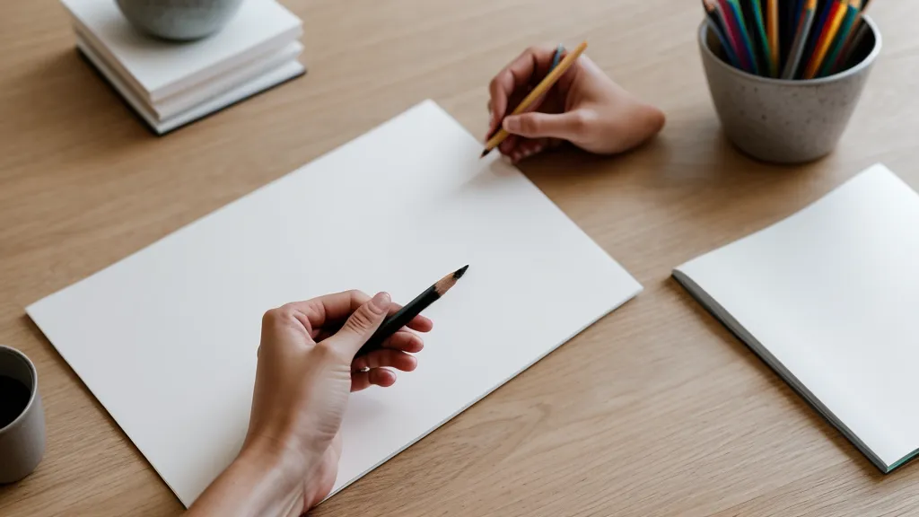 Draufsicht auf eine Hand, die mit einem HB-Bleistift eine Tonwertskala zeichnet.