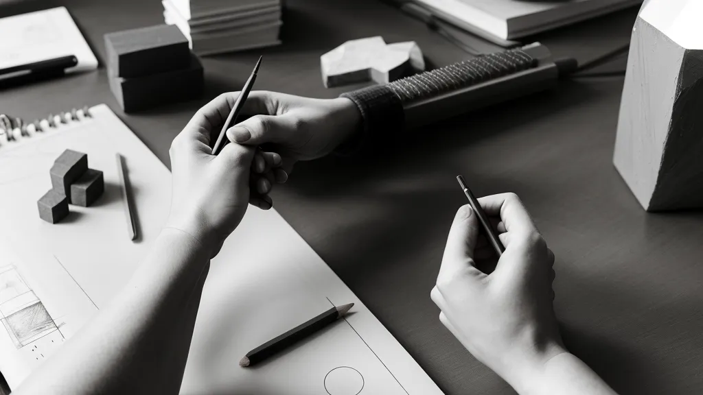 Nahaufnahme einer Hand, die einfache geometrische Grundformen mit Bleistift in ein Skizzenbuch zeichnet.