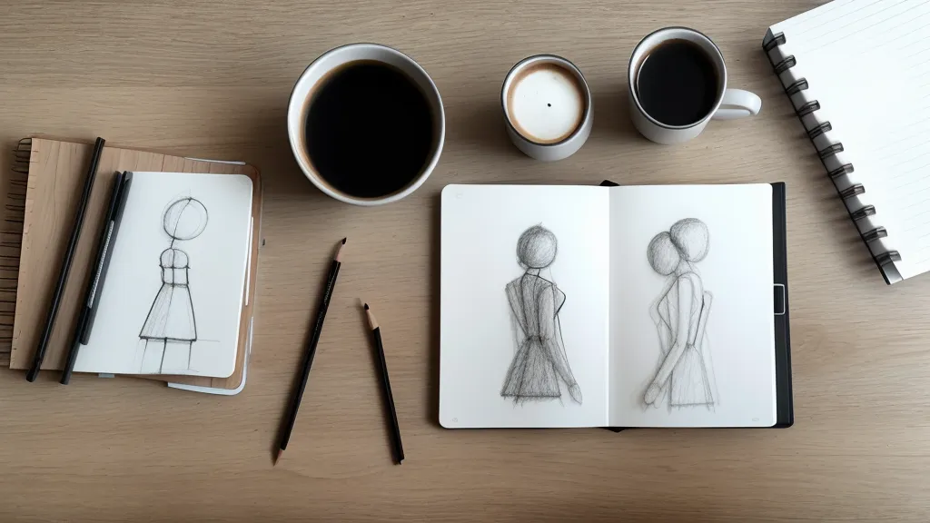 Minimalistischer Arbeitsplatz zum Zeichnen mit Skizzenbuch, Bleistiften und Kaffee.