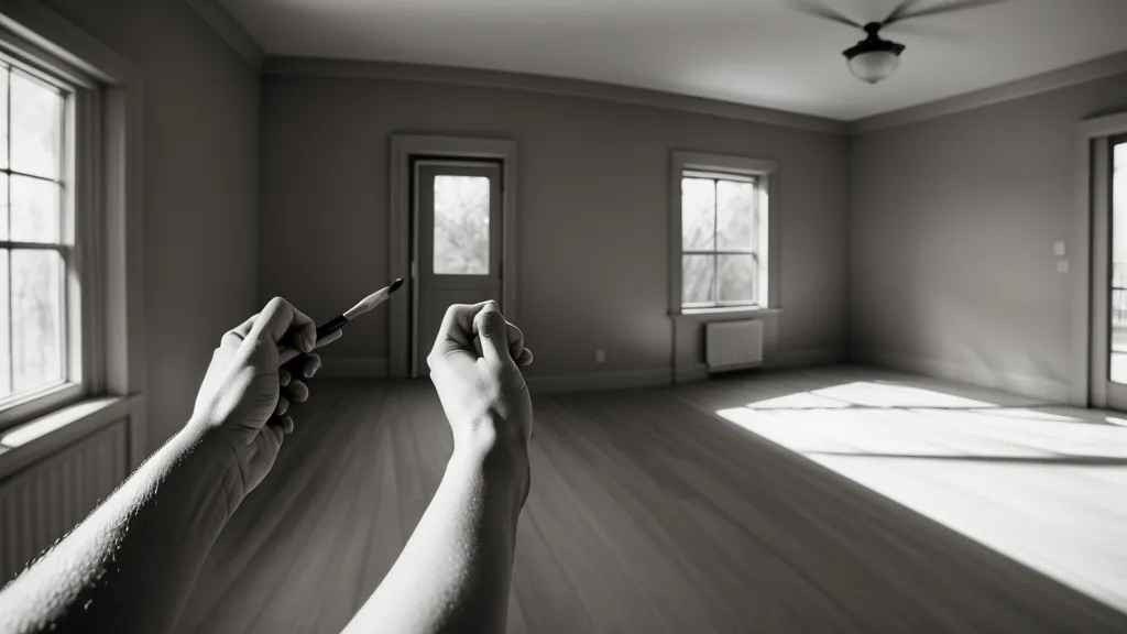 Nahaufnahme einer Hand, die beim perspektivisch Zeichnen eine Innenraum-Skizze mit Bleistift und Fluchtpunkt auf Papier entwirft.