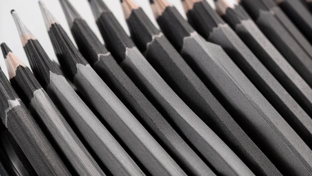 Bleistifte verschiedener Härtegrade von 9H bis 9B für perspektivisches Zeichnen von Architektur-Skizzen auf einem weißen Zeichenblatt.