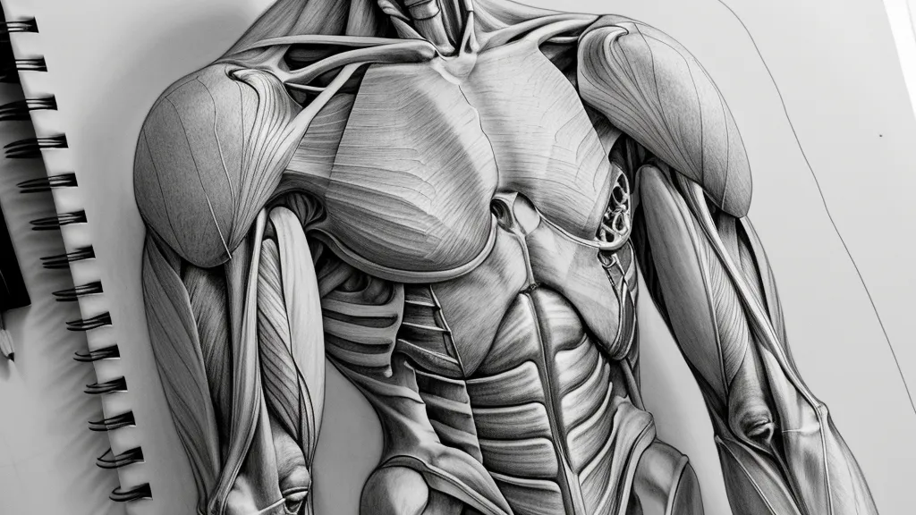 Skizzenbuch mit anatomischen Studien und Konstruktionslinien für menschliche Proportionen.