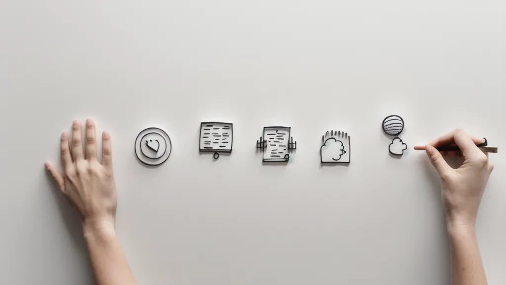 Handgezeichnete Business-Icons wie Cloud und User-Symbole auf weißem Papier.