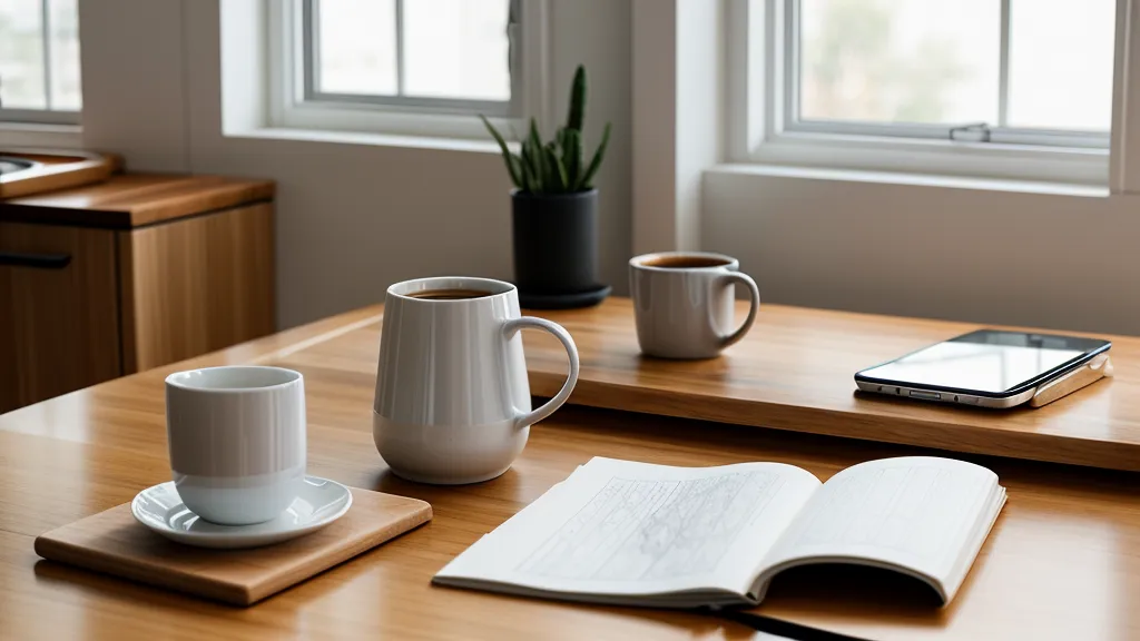 Aufgeräumter Arbeitsplatz mit Skizzenstapel und Kaffeetasse für eine Zeichensession.