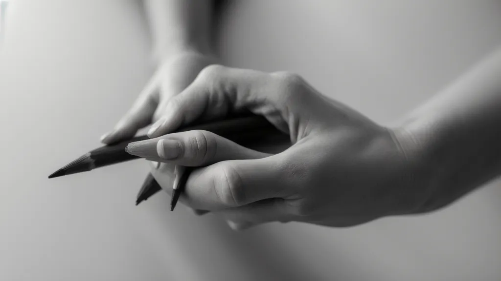 Nahaufnahme einer Hand, die Lockerungsübungen mit einem Bleistift auf grobkörnigem Zeichenpapier ausführt.