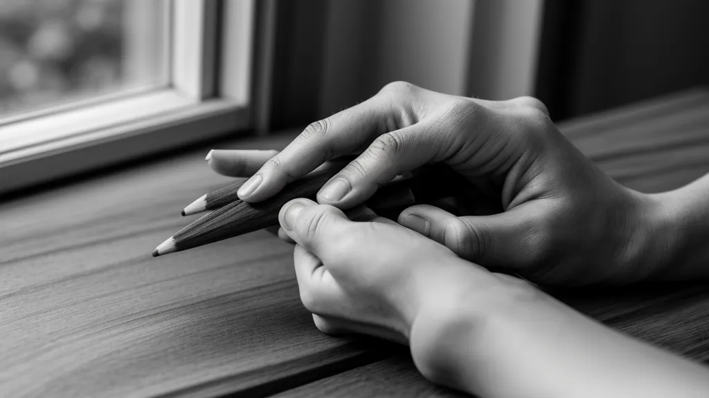 Nahaufnahme einer Hand beim Zeichnen-Basis-Training: feine Bleistift-Skizzen-Linien auf strukturiertem Papier.