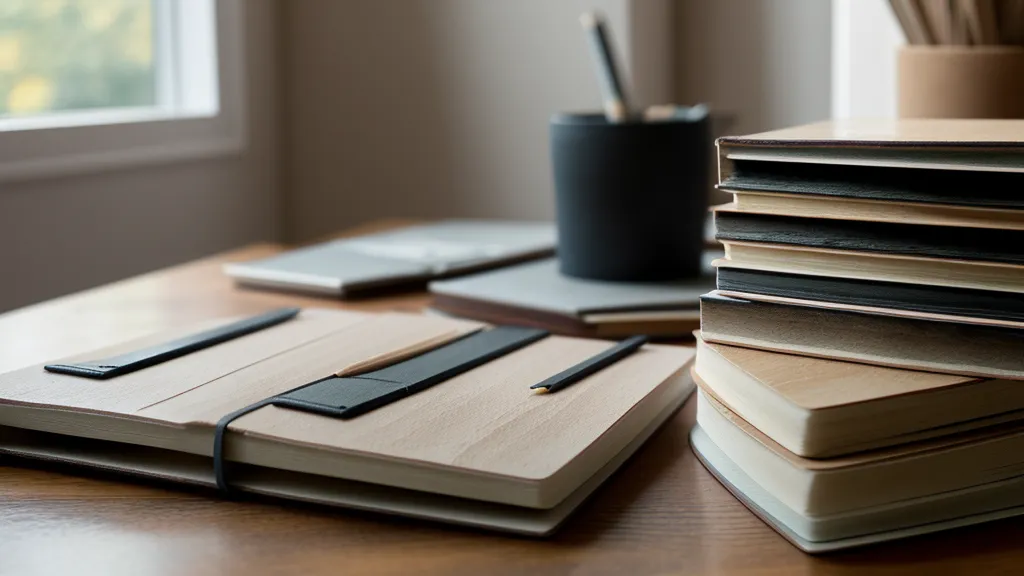 Stapel gefüllter Skizzenbücher neben Zeichenwerkzeugen auf einem Holztisch – sichtbarer Fortschritt im Online-Zeichenkurs-Vergleich